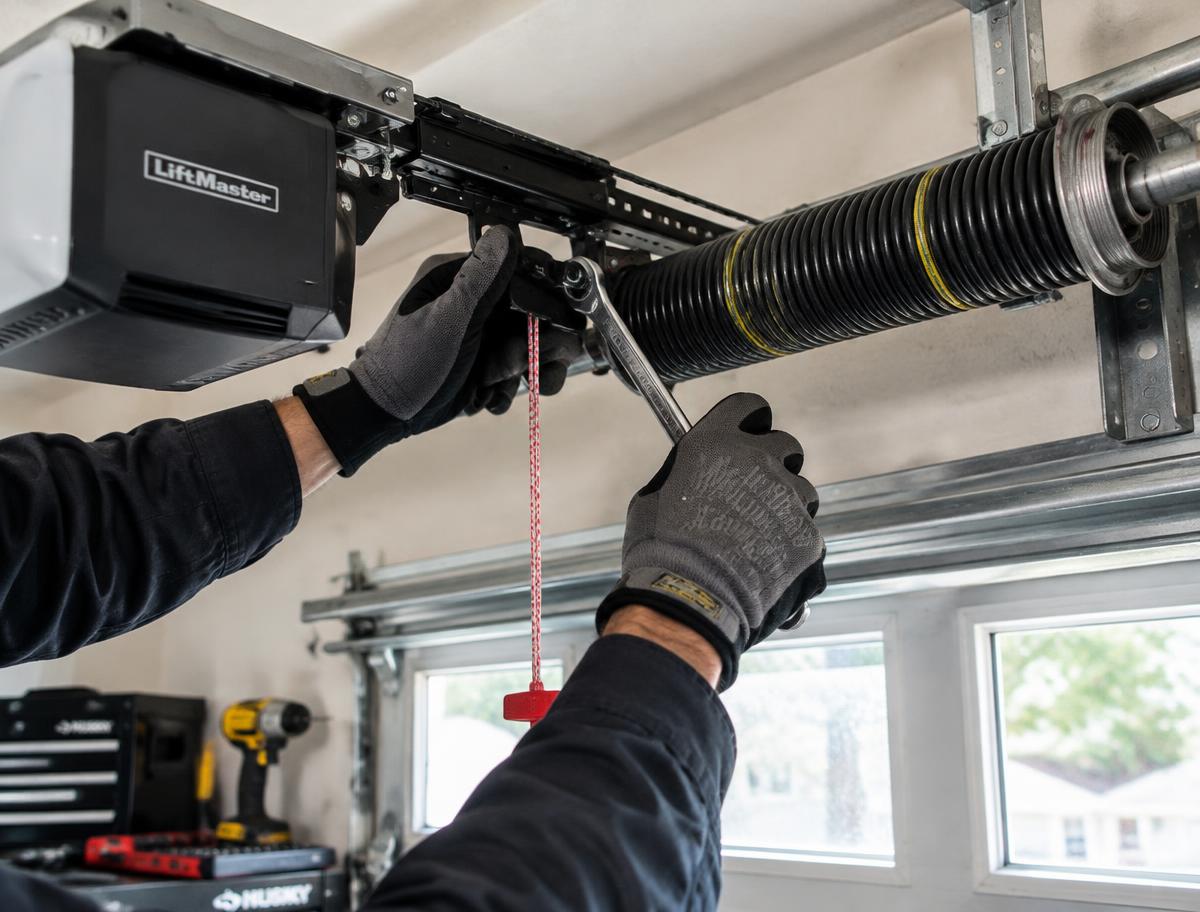Technician servicing a garage door opener and torsion spring